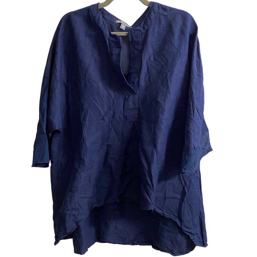 Jessica London Navy Blue Linen Blend High Low Tunic Top Sheer Back Mesh Yoke 18W